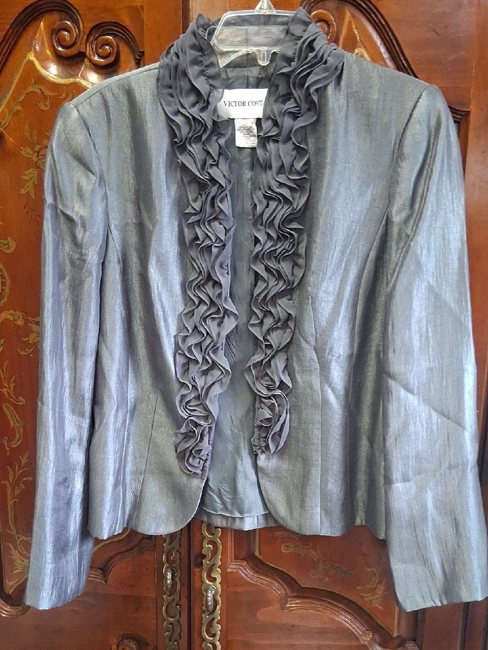 Victor Costa Shimmery Gray Ruffle-Front Blazer Sz 10 $34